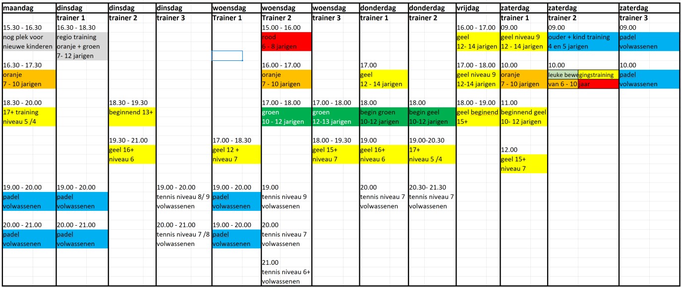 trainingsindeling 2026 met kleur